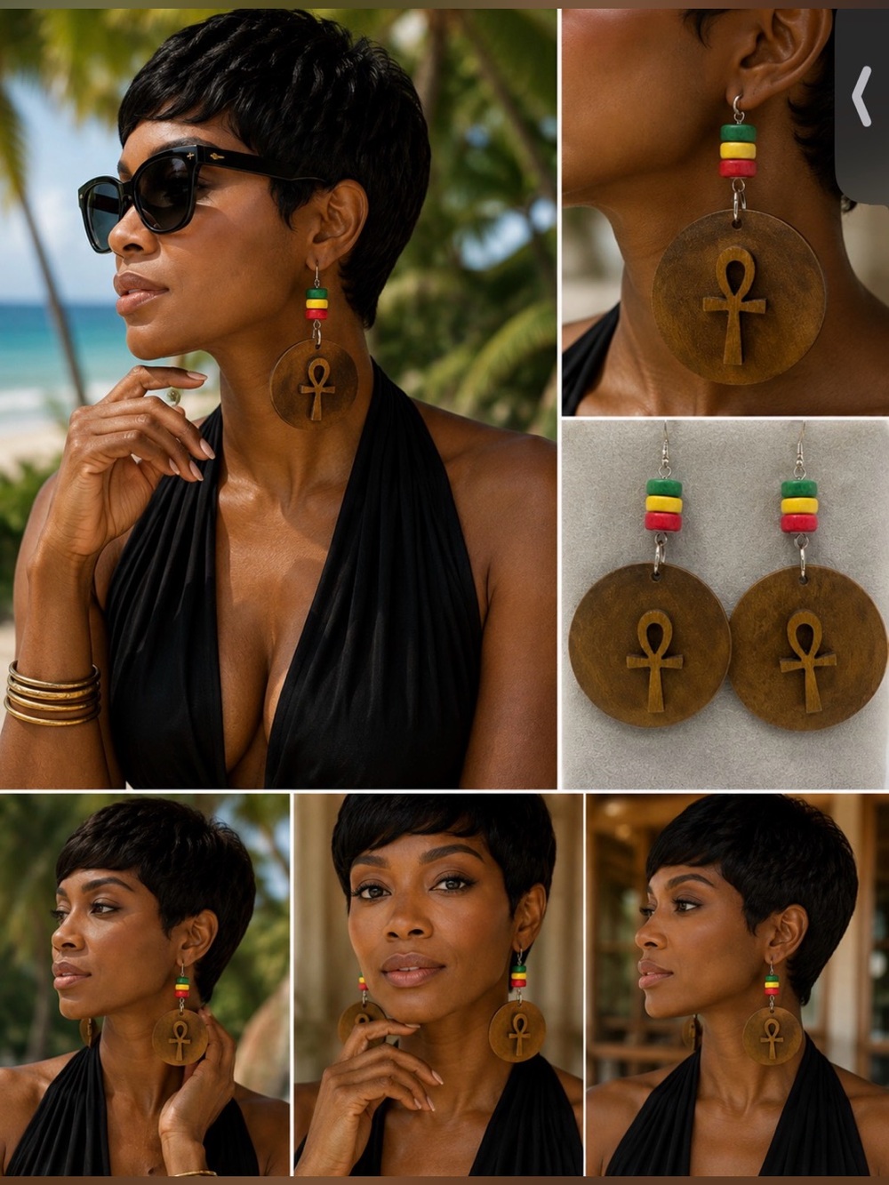 Handcrafted Green Yellow Red and Wood Ankh Drop Earrings - Picture 5 of 8